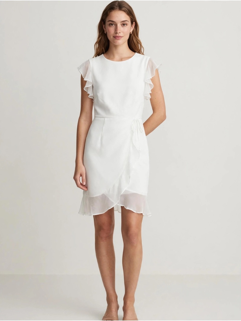 Petite White Ruffle-Sleeve Mini Dress